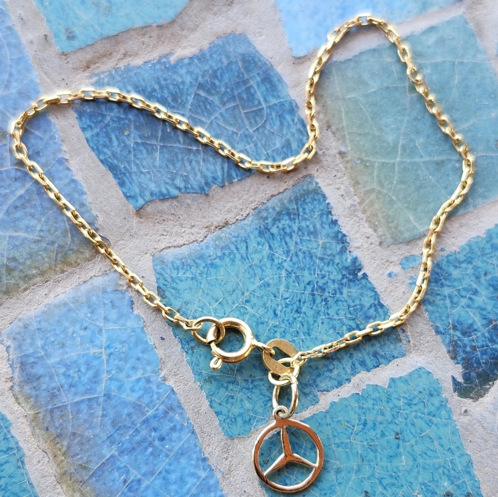 14K Solid Yellow Gold Mercedes charm BRACELET